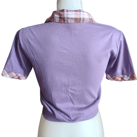 Small True Vintage Top Disco Purple Plaid Collar Cuffs 1970's Buttery Thin Crop - Picture 5 of 7